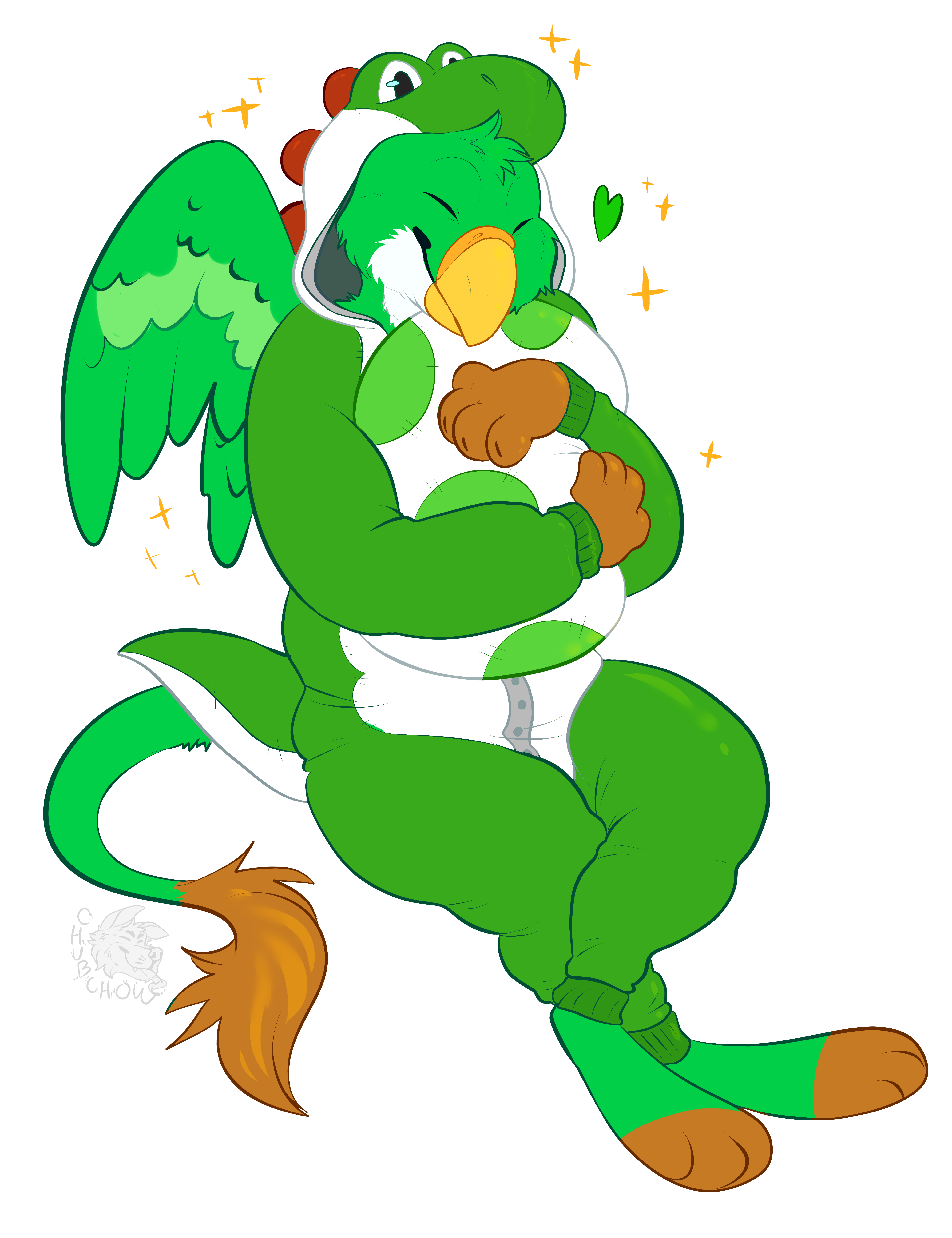 aeolus in a green yoshi kigu hugging an egg - artwork by chubchow